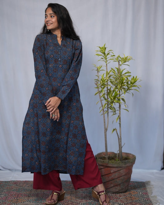 ajrakh cotton blue straight kurta    