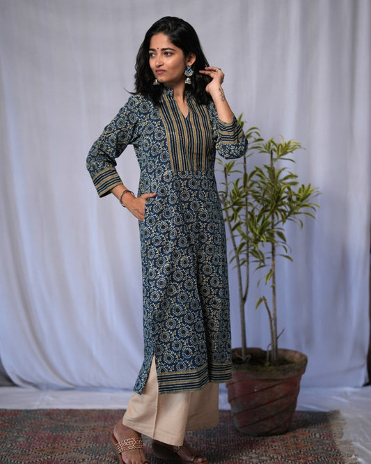 ajrakh cotton blue straight kurta    
