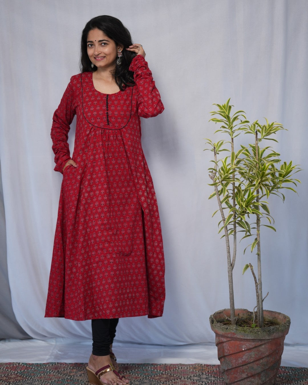 cotton red chudi sleeves aline kurta   