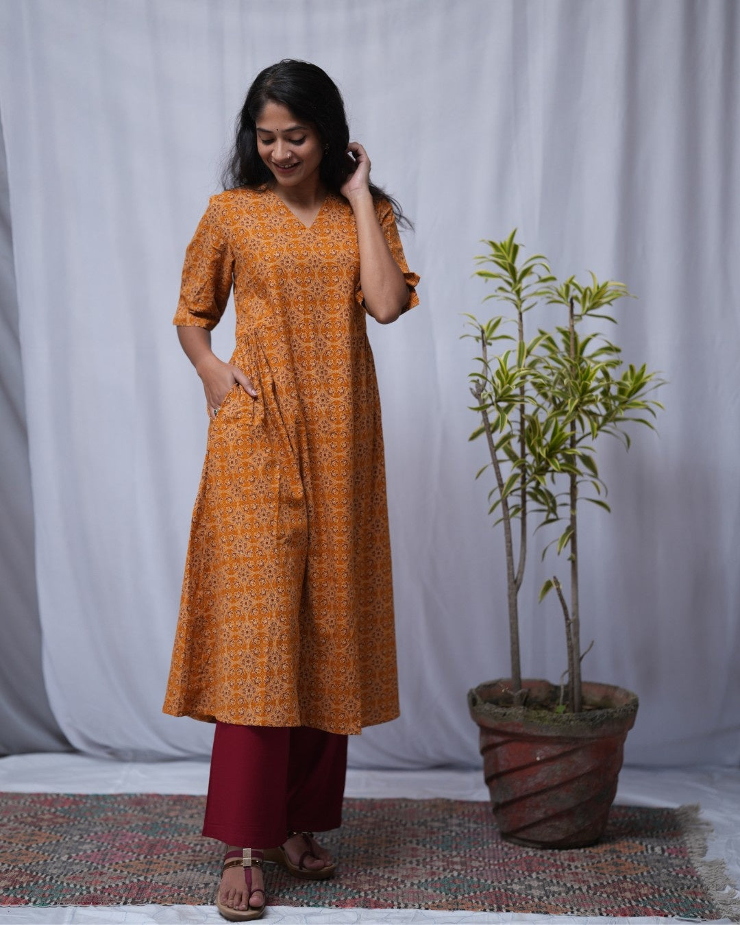 cotton yellow aline kurta     
