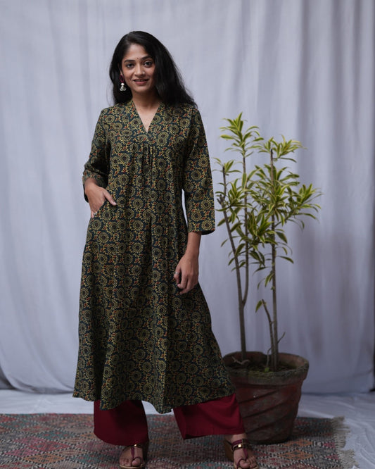 ajrakh cotton green aline kurta    