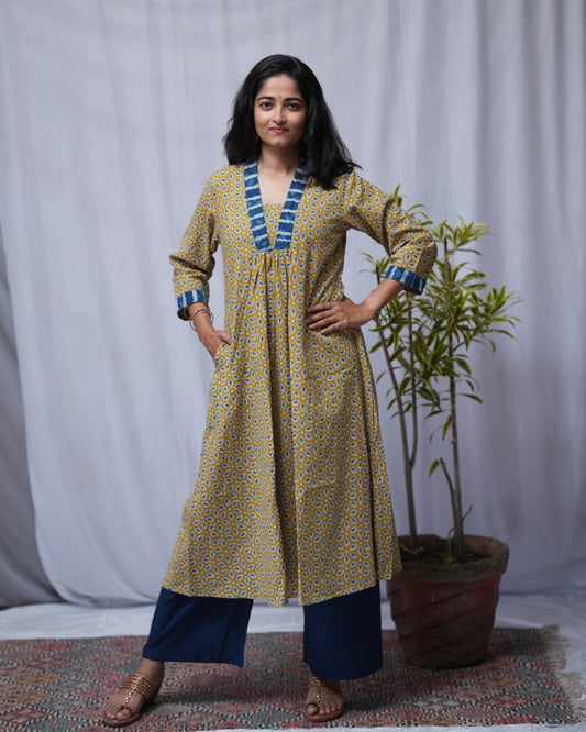 bagru cotton yellow aline kurta    