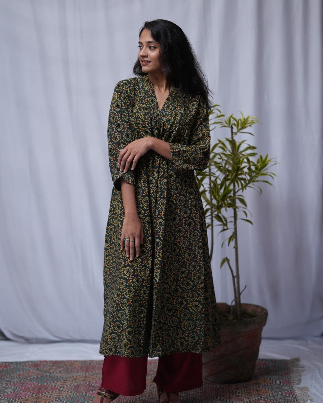 ajrakh cotton green aline kurta    