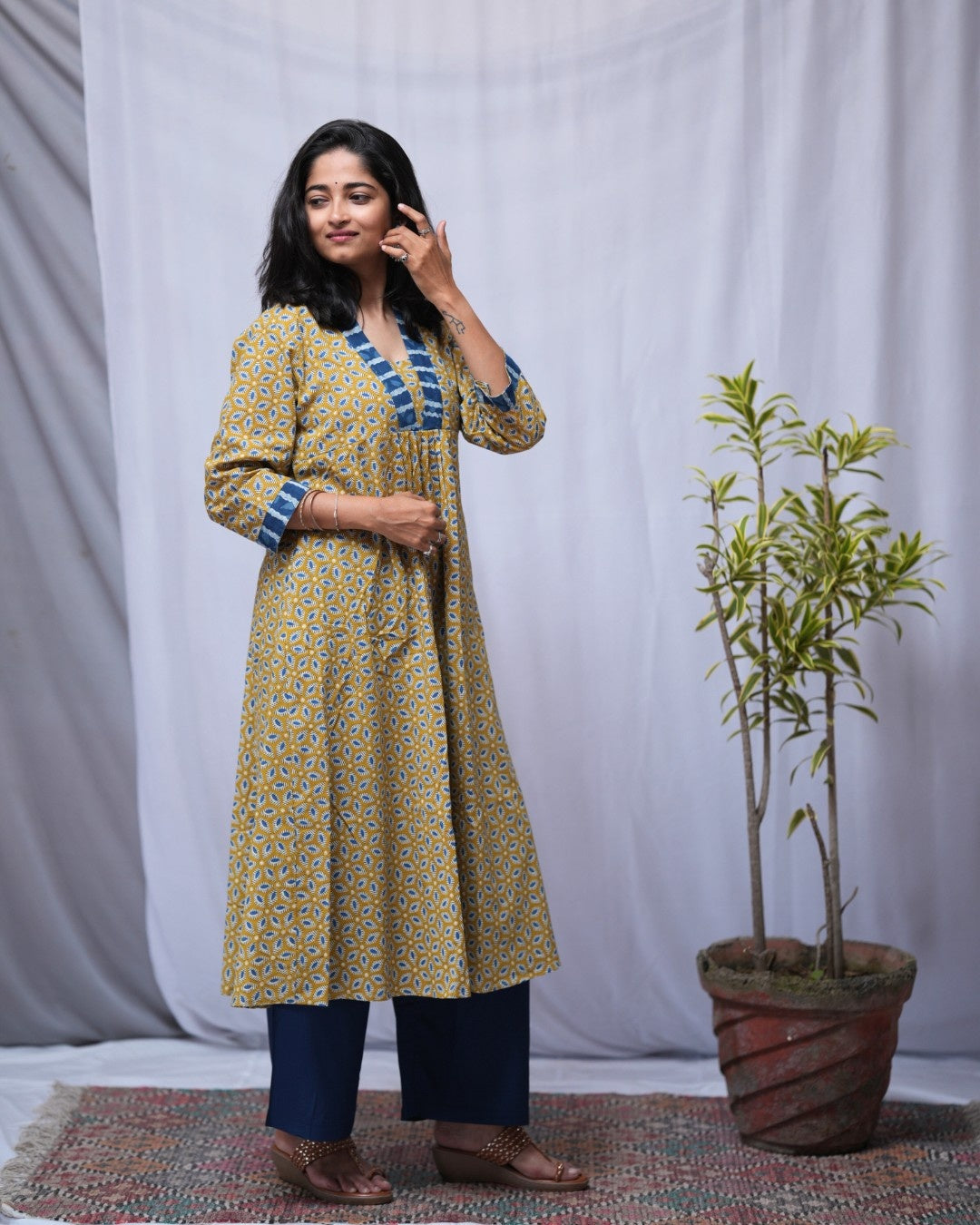 bagru cotton yellow aline kurta    