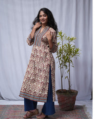 Saanvi Red Bagru Cotton Straight Kurta