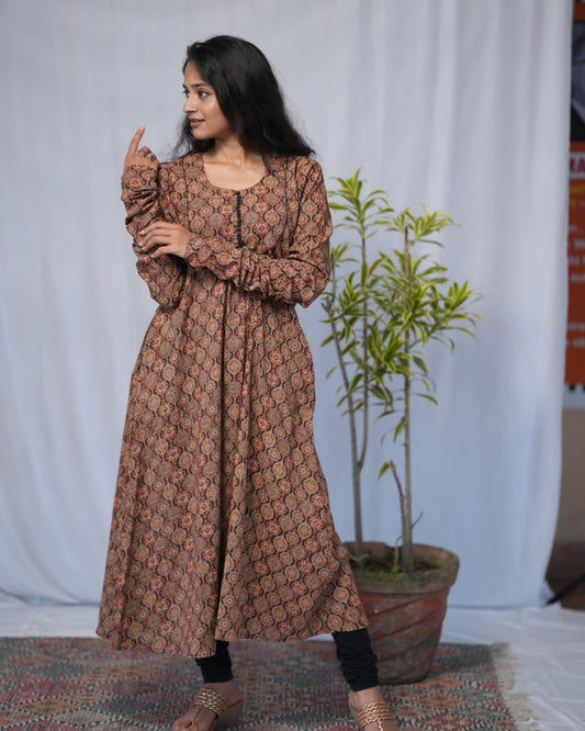 cotton brown chudi sleeves aline kurta   