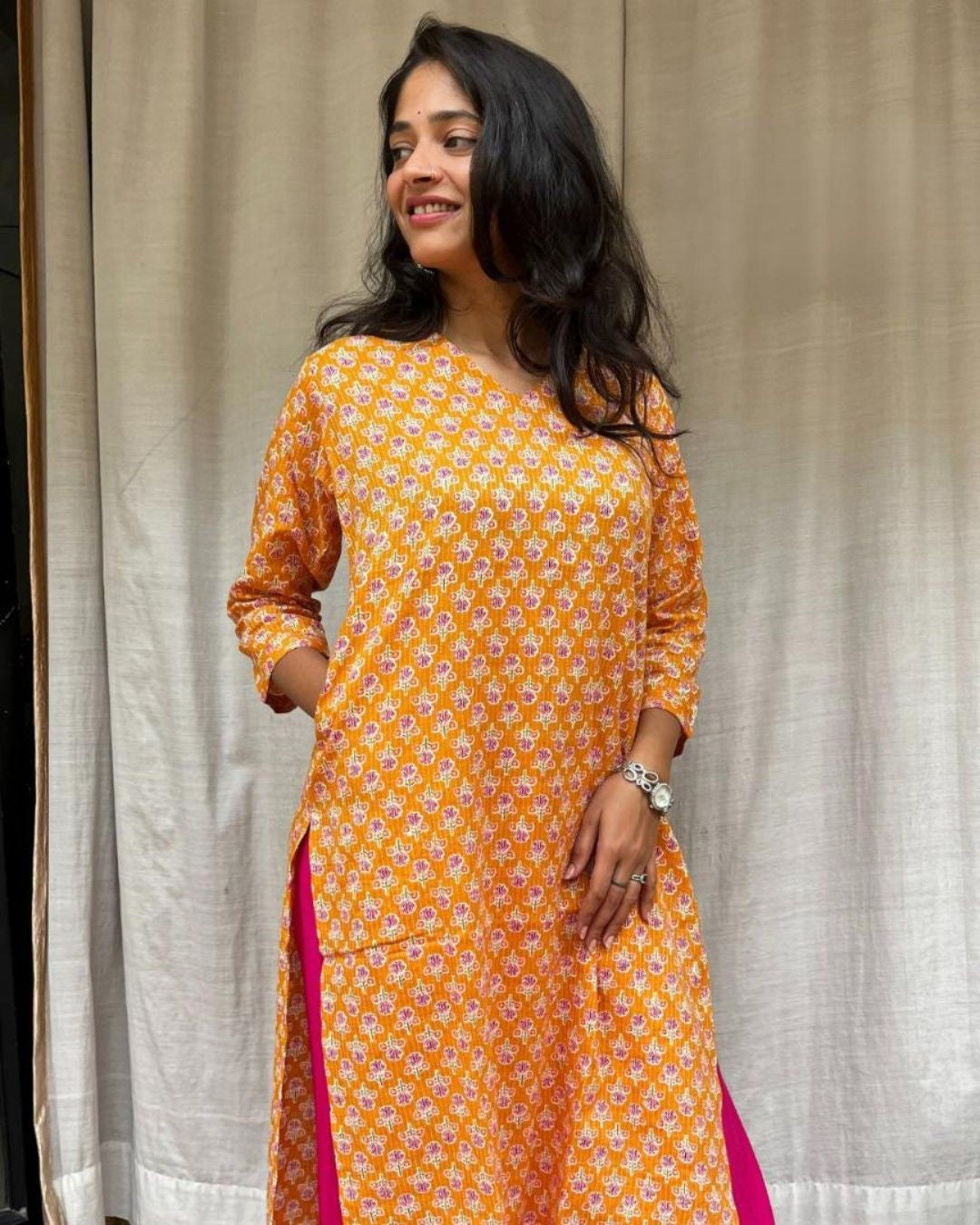 yellow cotton straight kurta     
