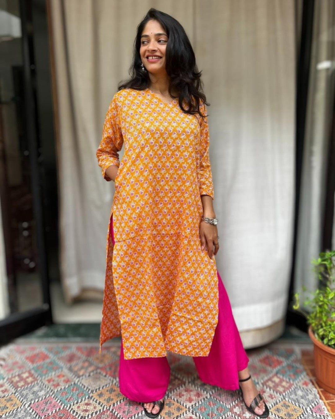 yellow cotton straight kurta     