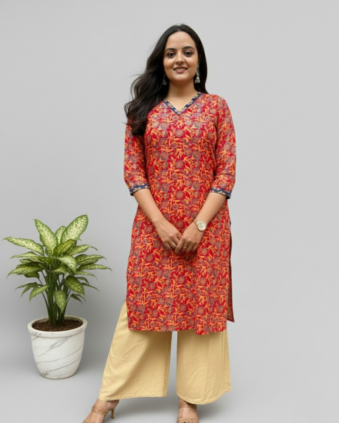 Ganga Red Cotton Straight Kurta