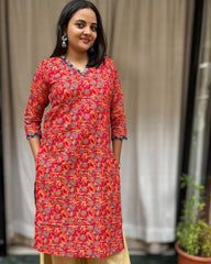 Ganga Red Cotton Straight Kurta