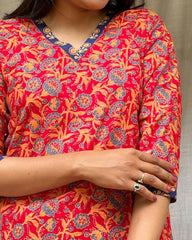 Ganga Red Cotton Straight Kurta
