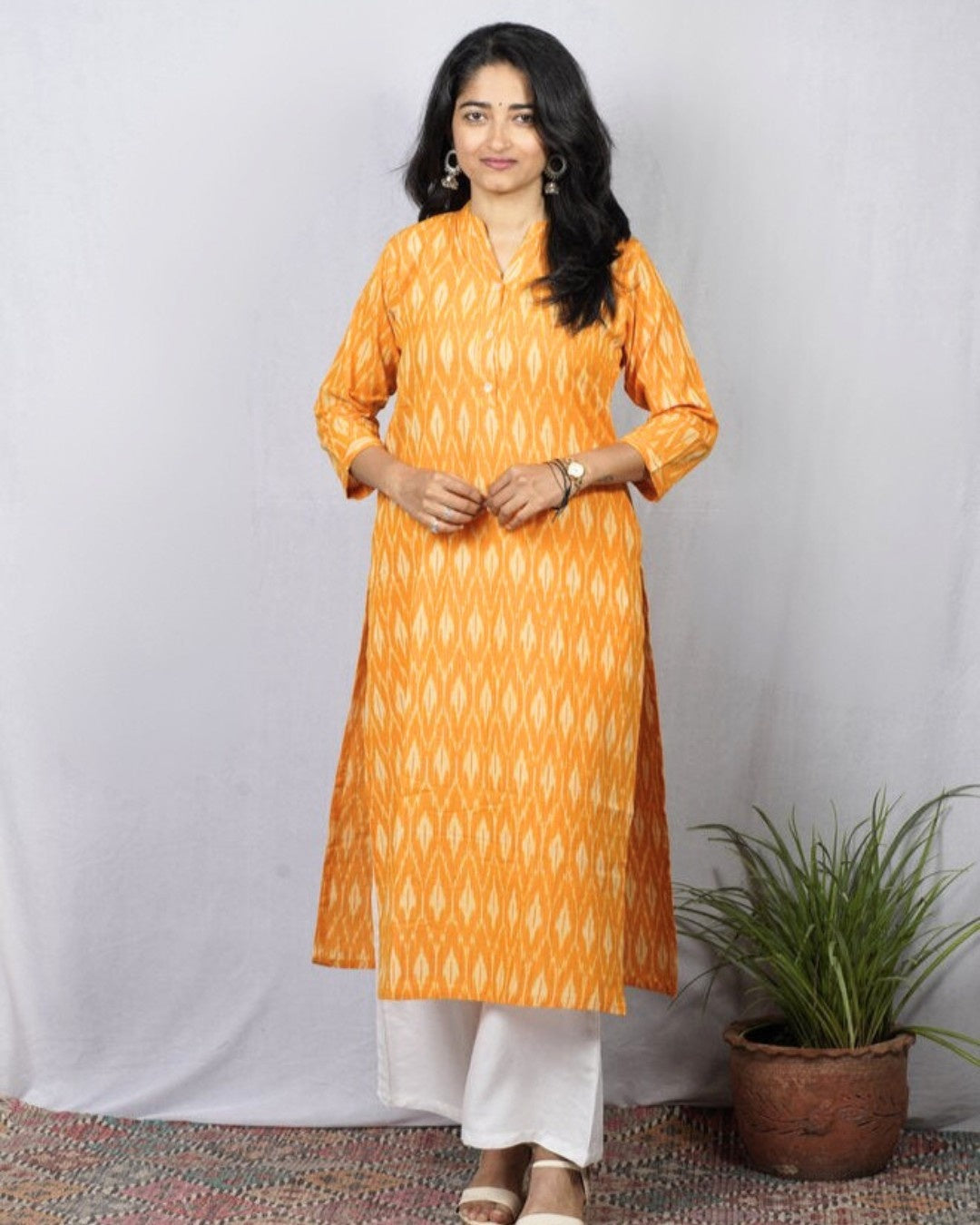 yellow ikkat cotton straight kurta    