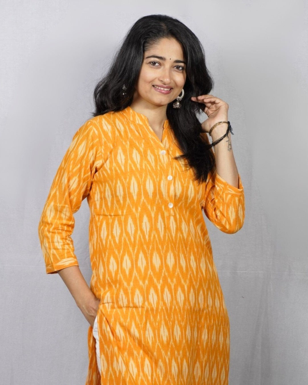 yellow ikkat cotton straight kurta    