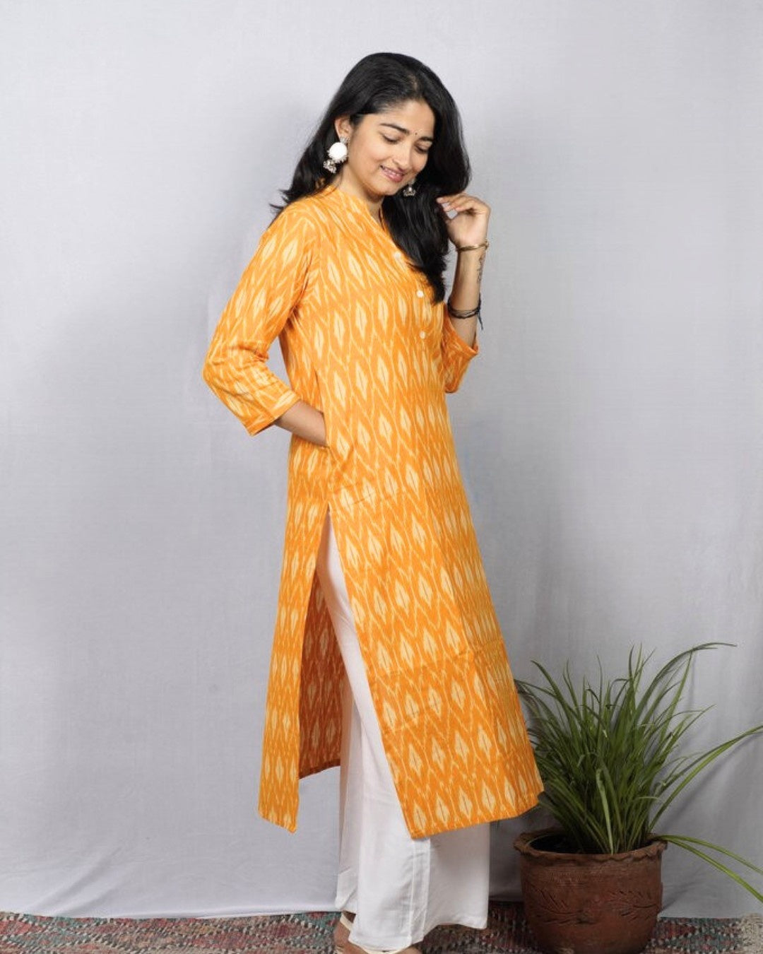 yellow ikkat cotton straight kurta    