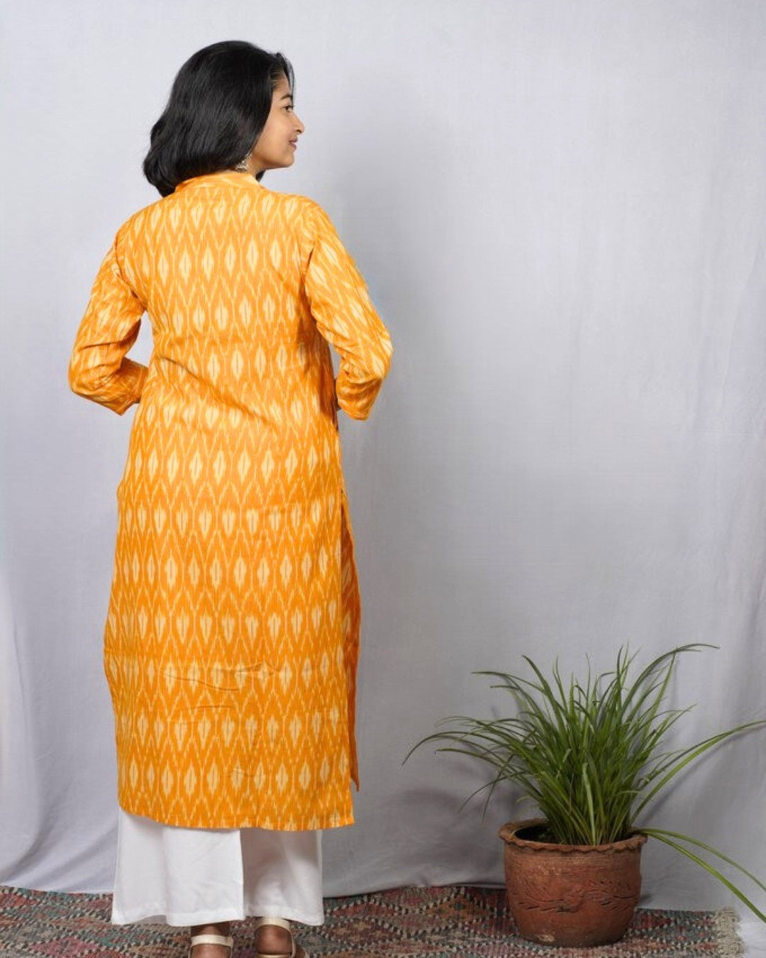 yellow ikkat cotton straight kurta    