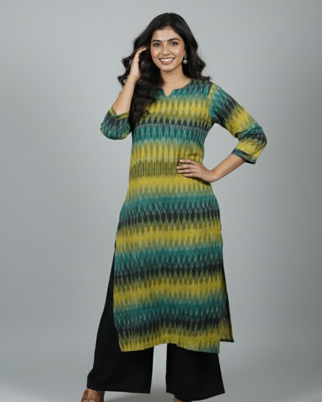 green ikkat cotton straight kurta    