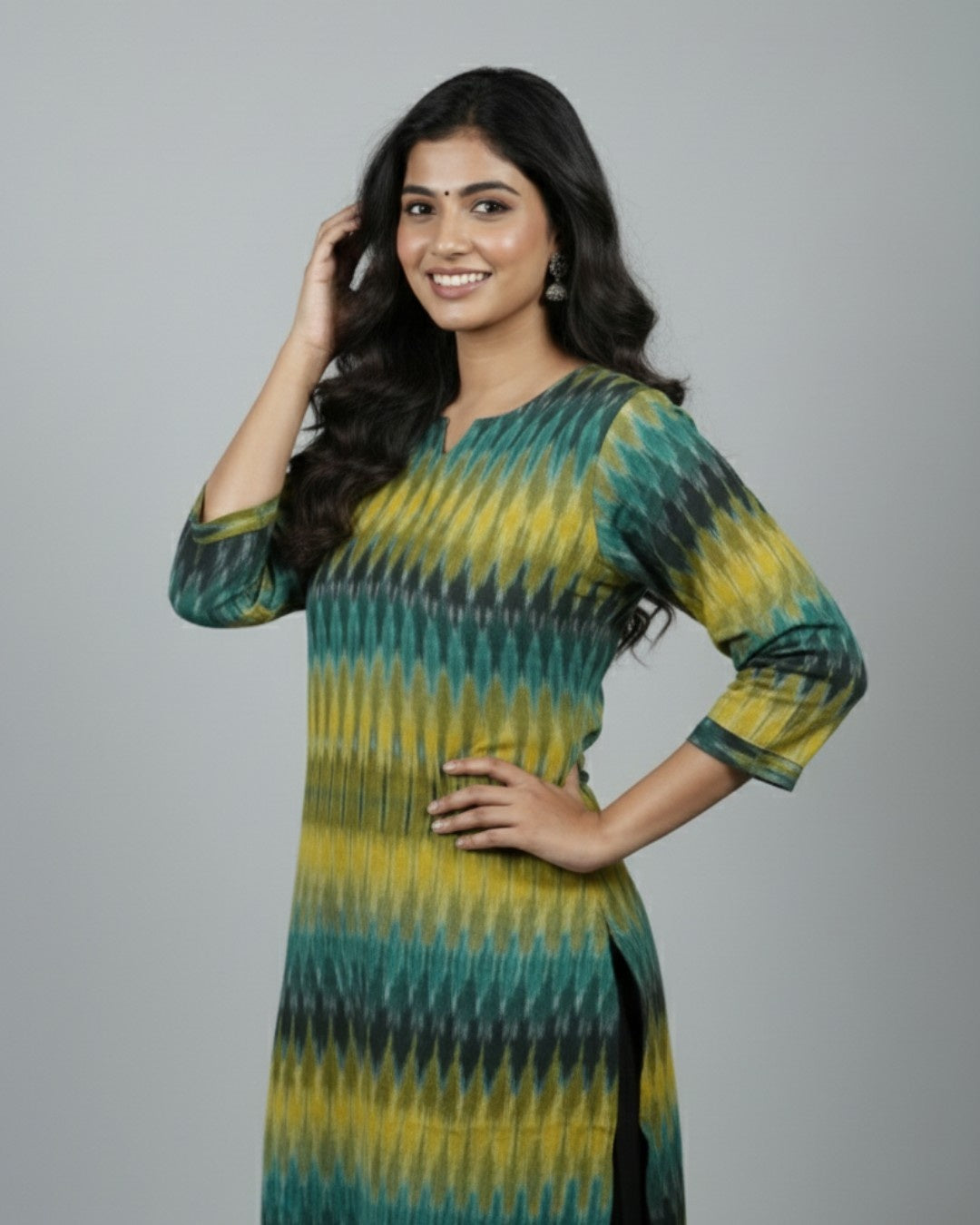 green ikkat cotton straight kurta    