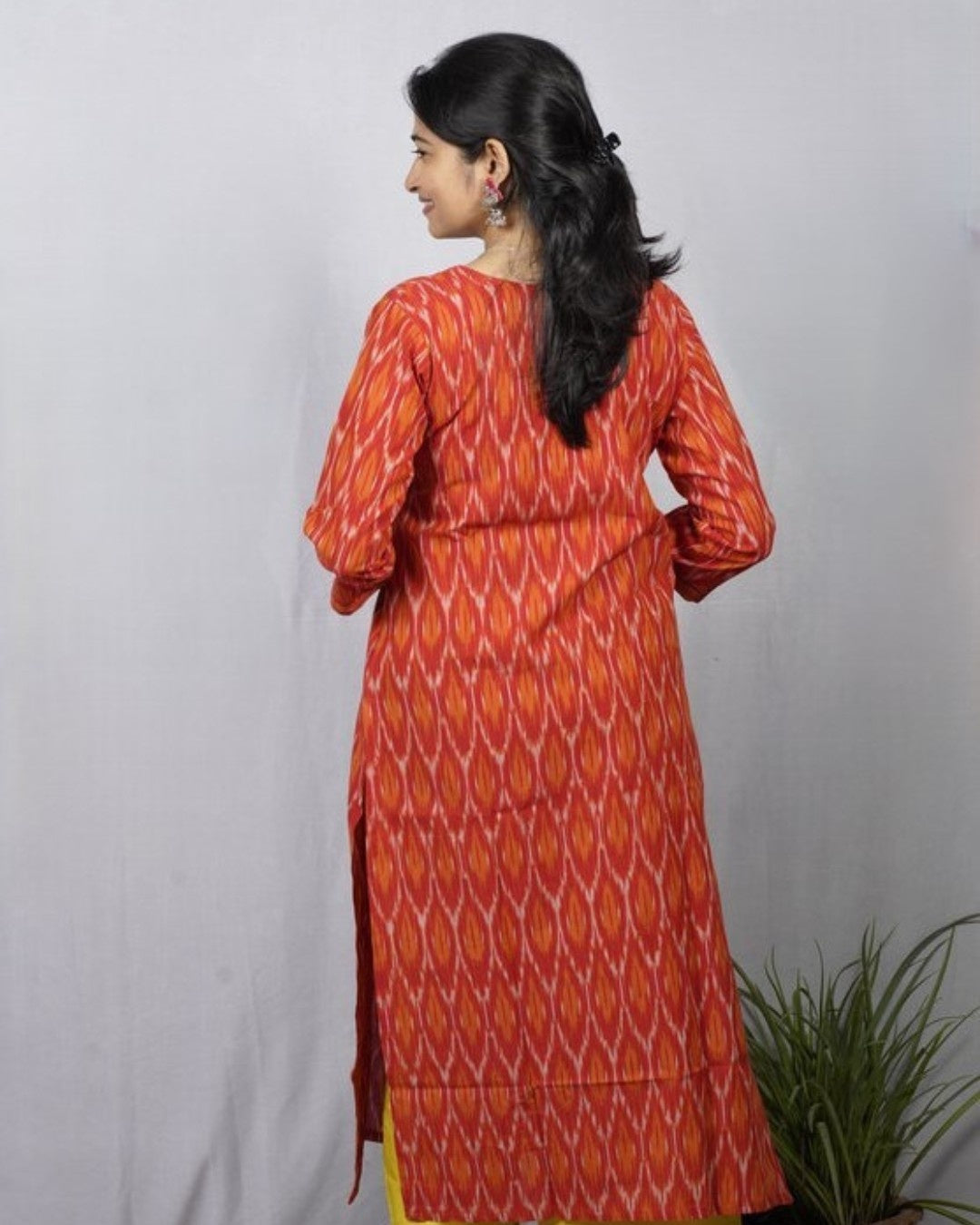 orange ikkat cotton straight kurta    