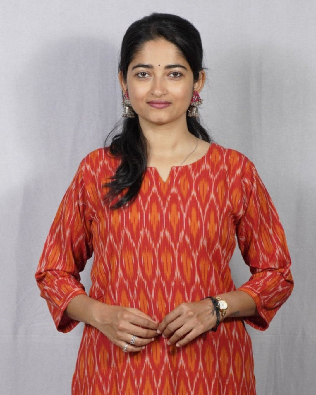 orange ikkat cotton straight kurta    