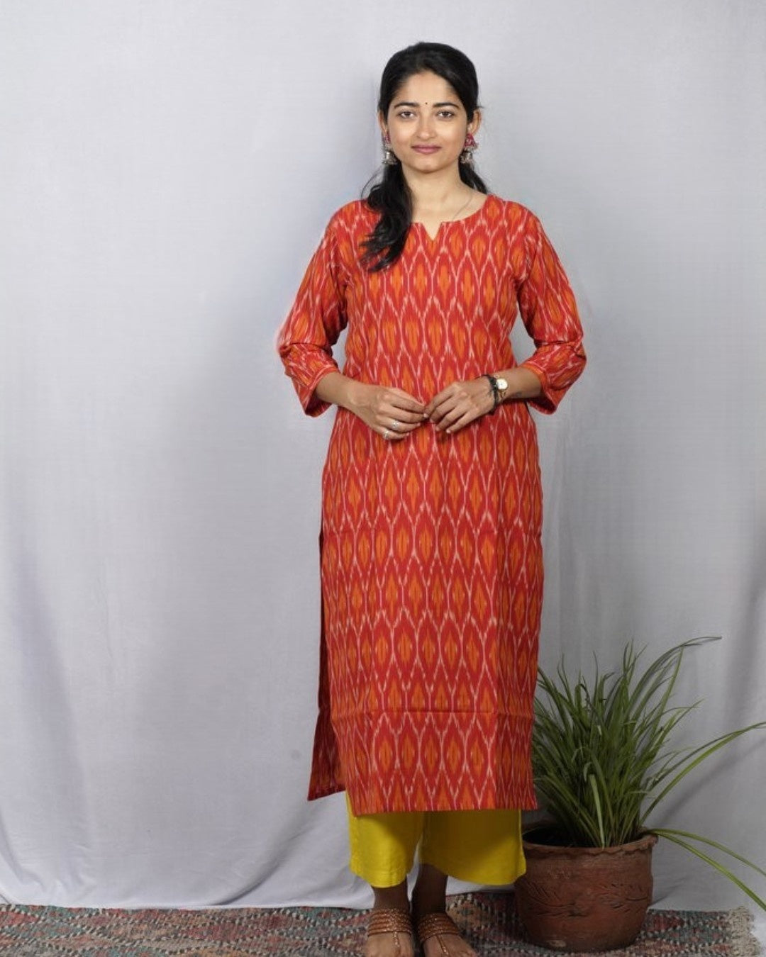 orange ikkat cotton straight kurta    