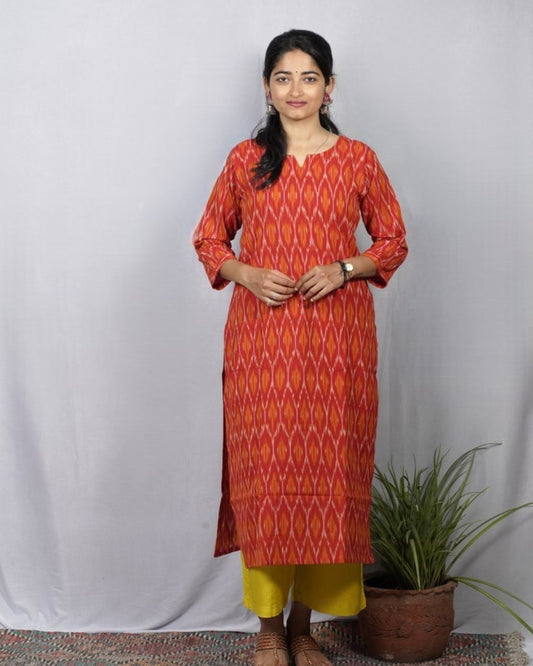 orange ikkat cotton straight kurta    