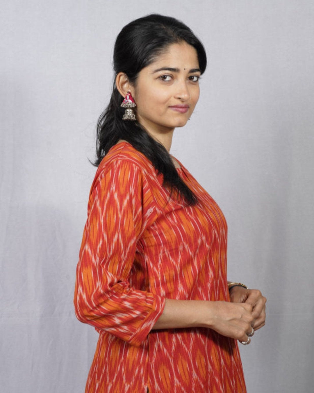 orange ikkat cotton straight kurta    