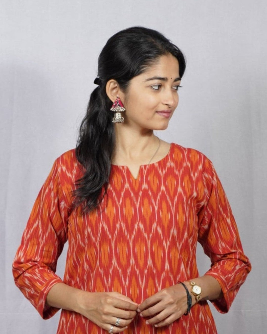 orange ikkat cotton straight kurta    