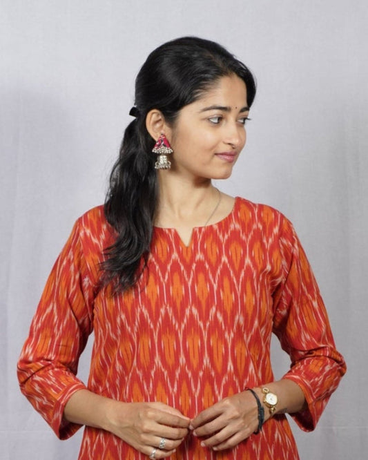orange ikkat cotton straight kurta    