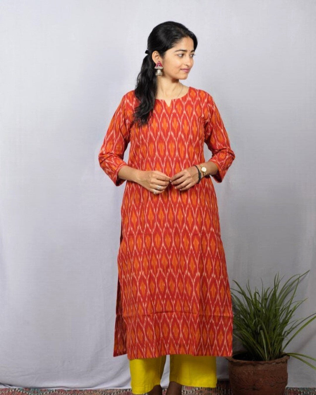 orange ikkat cotton straight kurta    