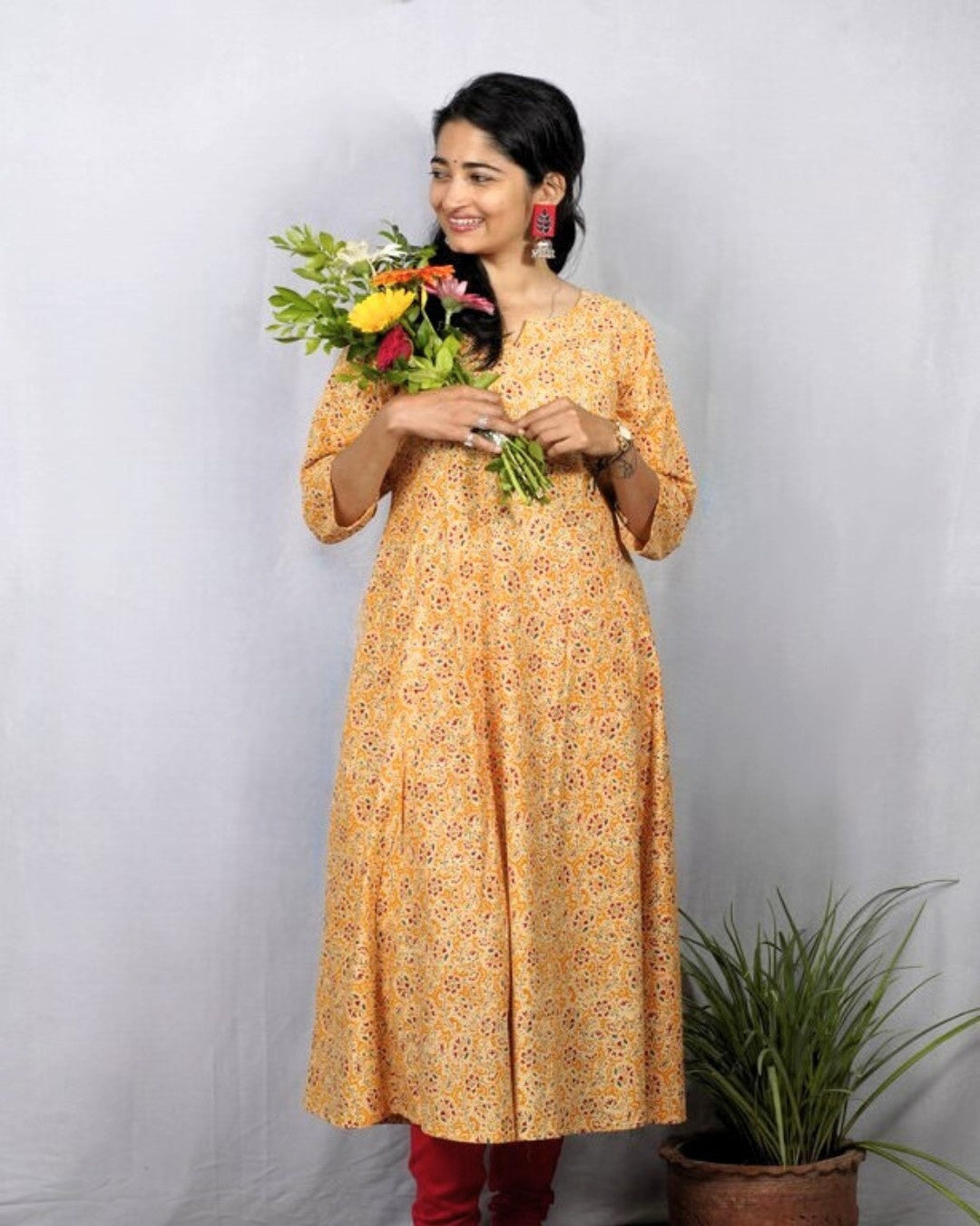 yellow cotton kali kurta     