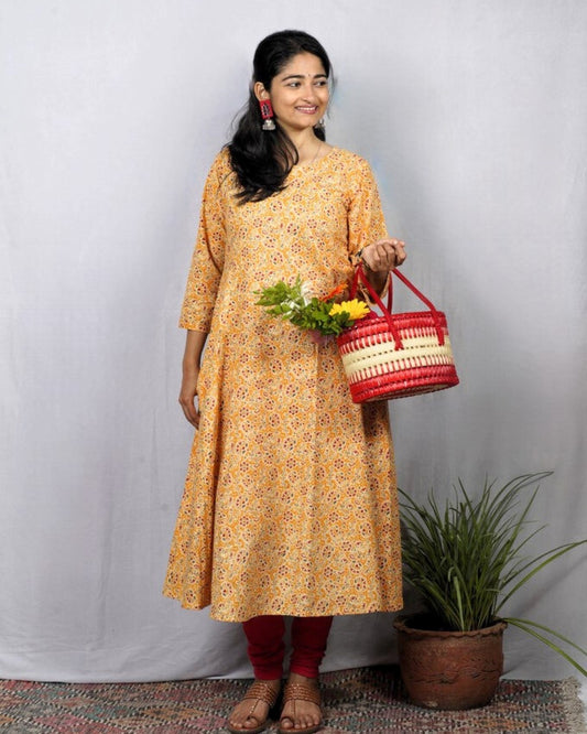 yellow cotton kali kurta     