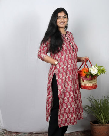 cotton red straight kurta     