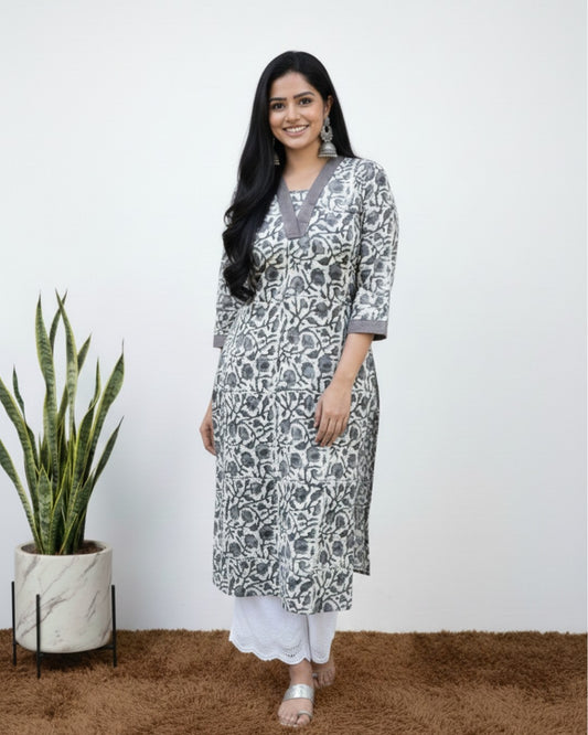 bagru cotton grey straight kurta    