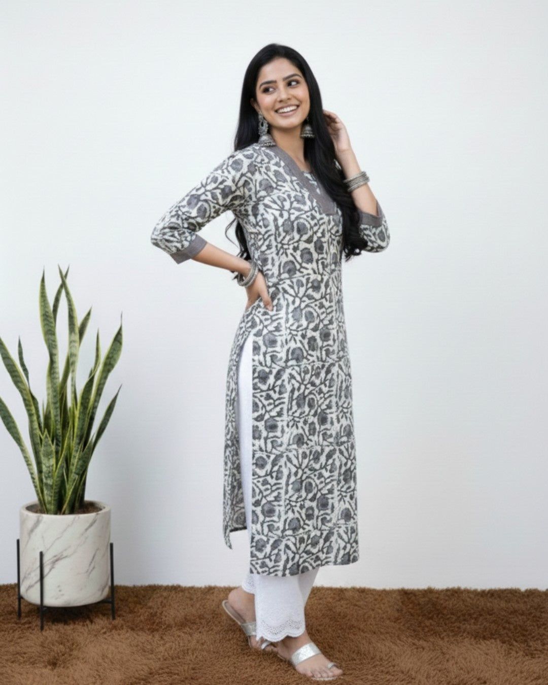 bagru cotton grey straight kurta    