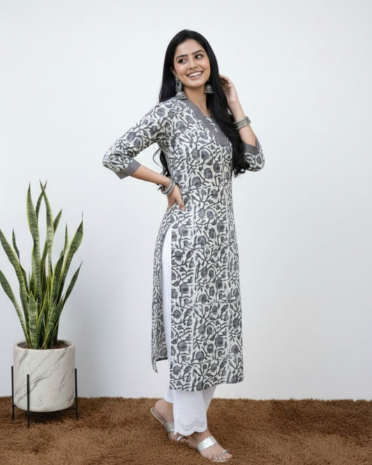 bagru cotton grey straight kurta    