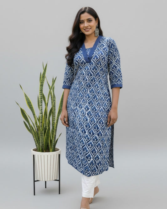 bagru cotton blue straight kurta    
