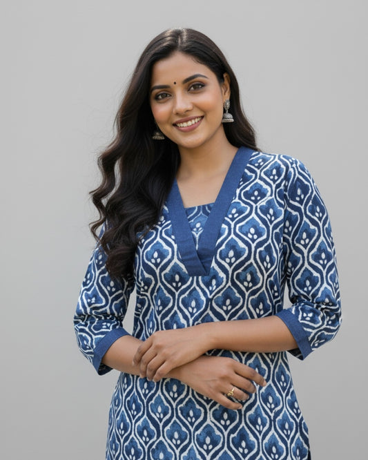 bagru cotton blue straight kurta    