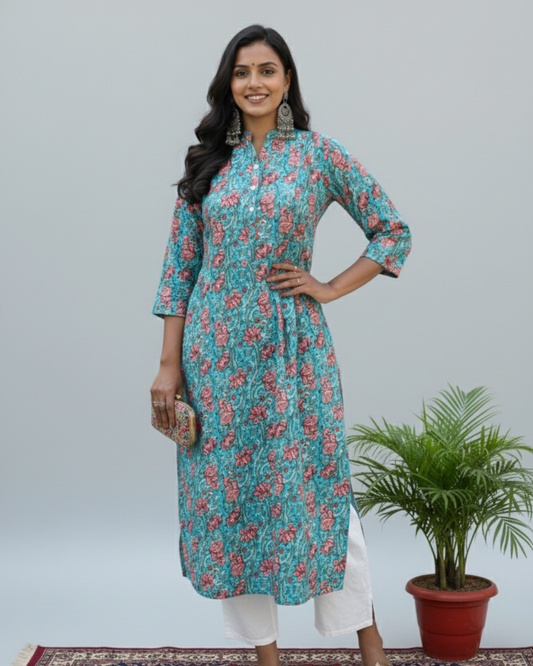 bagru cotton blue straight kurta    