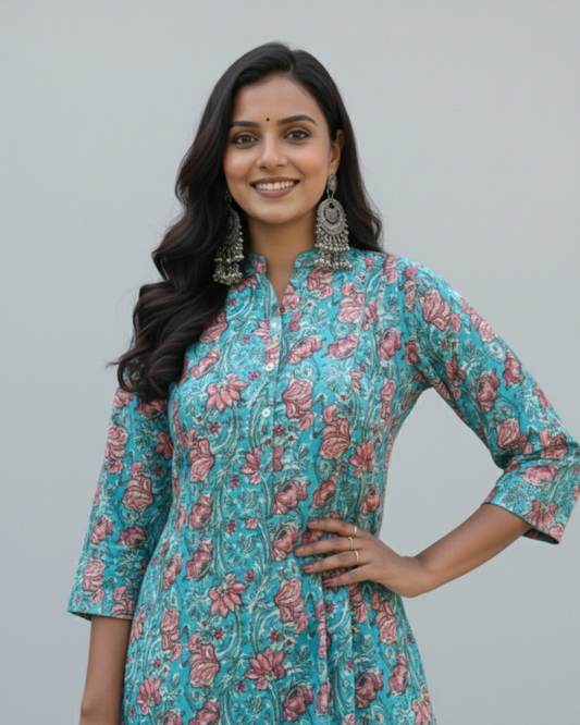 bagru cotton blue straight kurta    