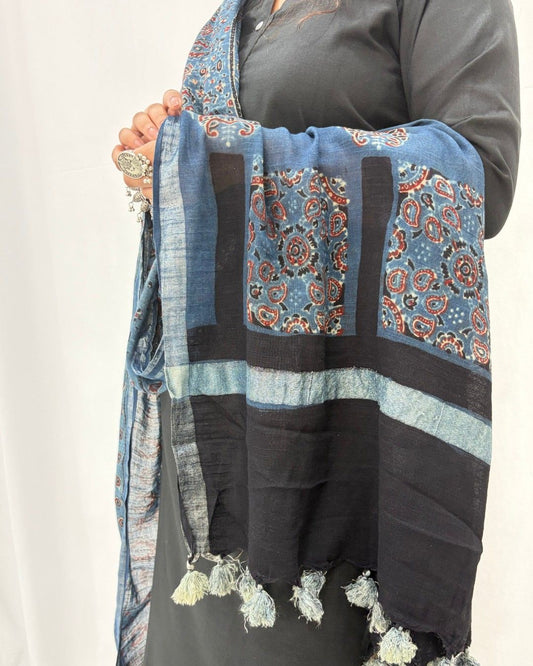 Ajrakh Blue and Maroon Linen Dupatta