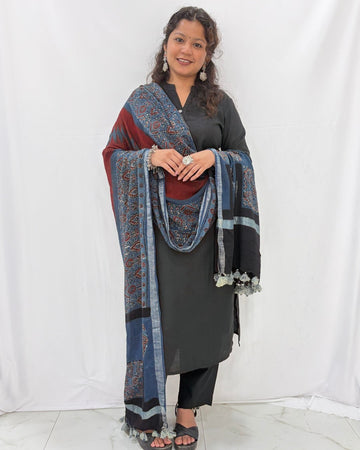 Ajrakh Blue and Maroon Linen Dupatta