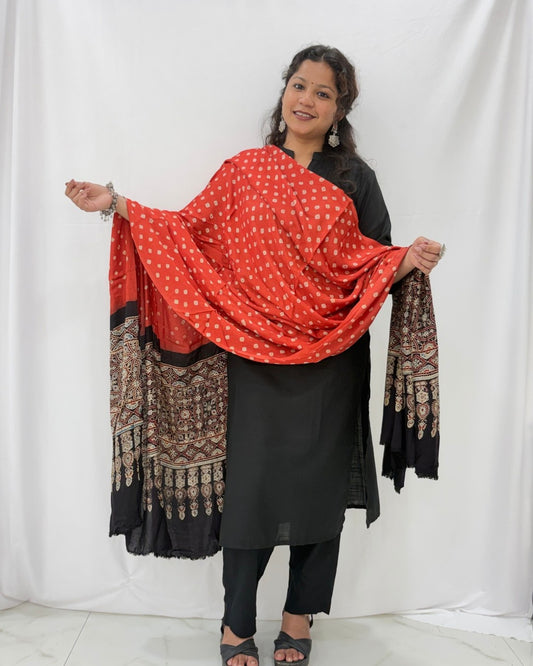Bandhani Ajrakh Red and Black Modal Silk Dupatta