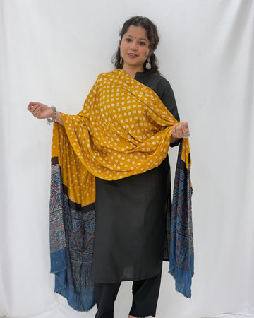 Bandhani Ajrakh Yellow and Blue Modal Silk Dupatta