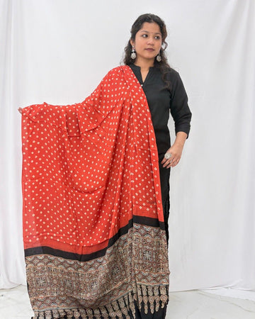 Bandhani Ajrakh Red and Black Modal Silk Dupatta