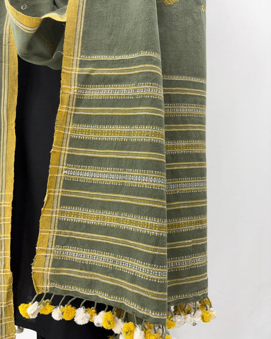 Kala Cotton Green Dupatta Mirror Work