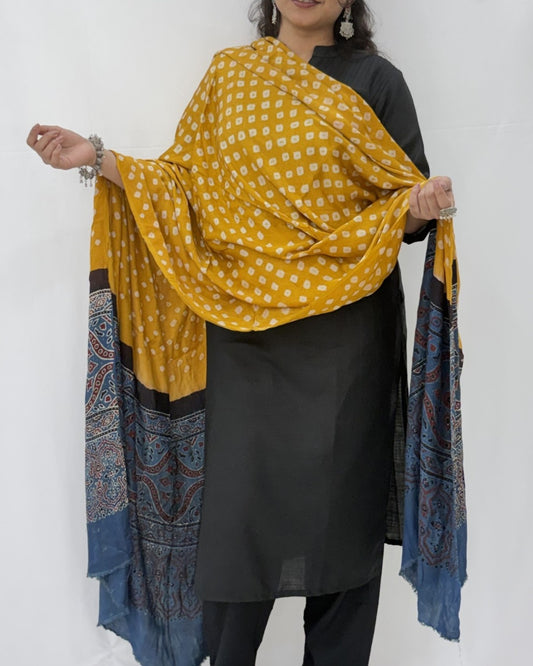 Bandhani Ajrakh Yellow and Blue Modal Silk Dupatta