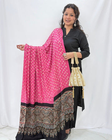 Bandhani Ajrakh Pink and Black Modal Silk Dupatta