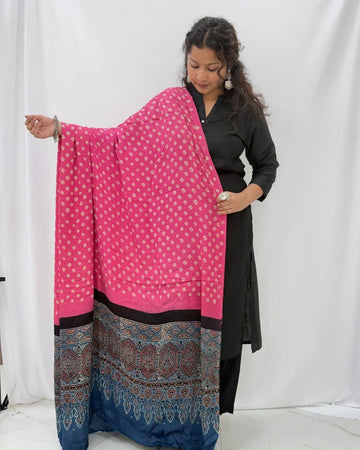 Bandhani Ajrakh Pink and Blue Modal Silk Dupatta