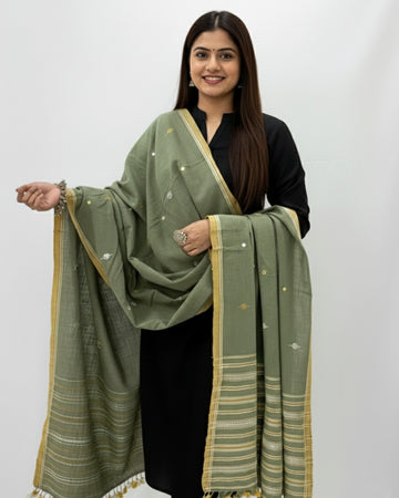 Kala Cotton Green Dupatta Mirror Work