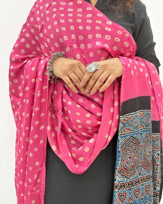 Bandhani Ajrakh Pink and Blue Modal Silk Dupatta